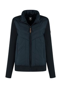 Zwarte zip-up jack met gevoerde voorkant, geribbelde manchetten en gebreide lange mouwen, weergegeven op een witte achtergrond.