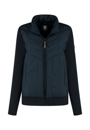 Zwarte zip-up jack met gevoerde voorkant, geribbelde manchetten en gebreide lange mouwen, weergegeven op een witte achtergrond.