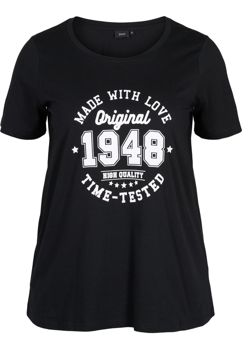 Black cotton T-shirt featuring a round neckline, short sleeves, and white graphic text: "Made with Love, Original 1948, High Quality, Time-Tested."