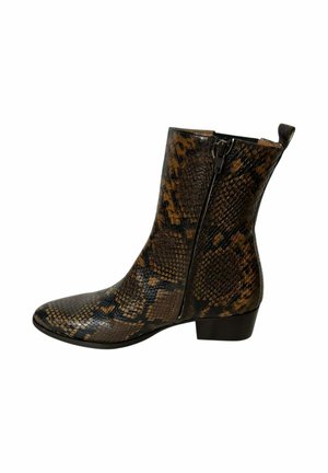 Ankle-high brown and black snakeskin patterned boot with side zipper and low block heel.