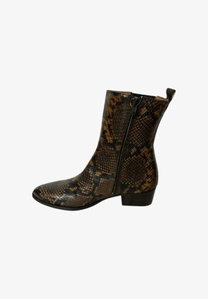 Ankle-high brown and black snakeskin patterned boot with side zipper and low block heel.