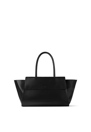 Sac à main en cuir noir avec deux poignées supérieures et une base large qui s'effile vers l'extérieur de chaque côté, présenté sur fond blanc.