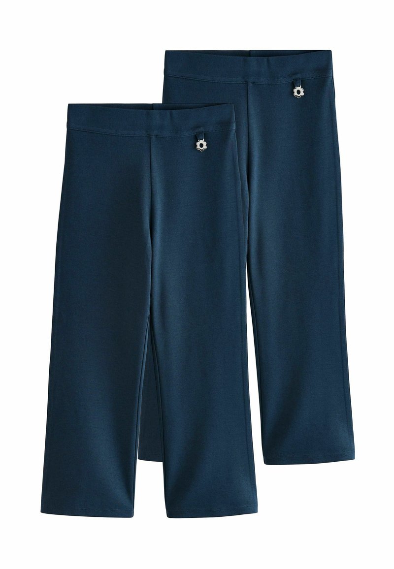 Hosen in Navyblau mit weitem Bein, aus weichem Stoff gefertigt, mit einem flachen Bund und einem dekorativen Blumenakzent auf der Vorderseite.