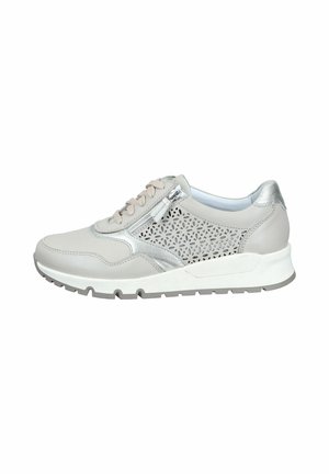 Light gray sneaker with beige laces, silver accents, side zipper, and decorative perforated floral pattern on the side panel.