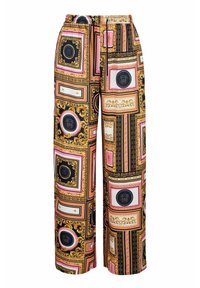 Wijde broek in een gemusterde stof met gouden, zwarte, roze en witte kleuren, met sierlijke omlijstingen en medaillon-details. Elastische tailleband.