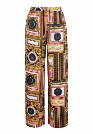 Weite Hosen aus einem gemusterten Stoff in Gold, Schwarz, Pink und Weiß, mit kunstvollen Rahmen und Medaillon-Details. Elastischer Bund.