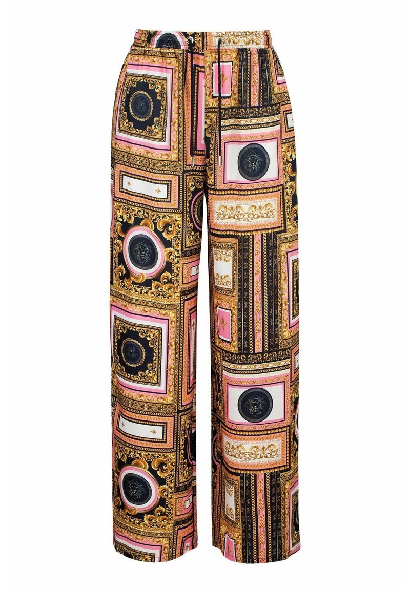 Wijde broek in een gemusterde stof met gouden, zwarte, roze en witte kleuren, met sierlijke omlijstingen en medaillon-details. Elastische tailleband.