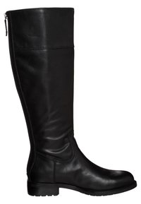 Bottes en cuir noires montantes avec une texture lisse, bout arrondi, fermeture éclair sur le côté, et un talon bas et plat pour la stabilité.