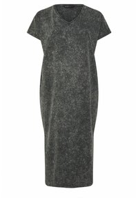 Harmaa, polvipituinen mekko, jossa on V-pääntie ja lyhyet hihat. Mekon kangas on teksturoitu, ja se on rento, suora siluetti.