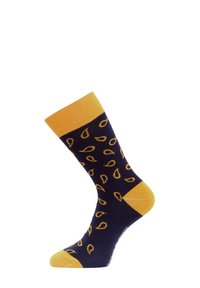 Chaussettes bleu marine avec un revers jaune et un motif de gouttes d'eau jaunes. Fabriquées dans un matériau doux avec des sections de orteil et de talon renforcées.