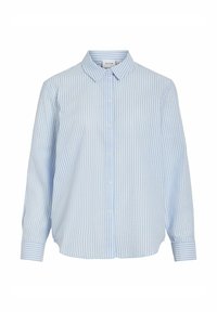 Light blue and white striped shirt with a button closure, classic collar, and long sleeves. Features a relaxed fit and cuffed sleeves.