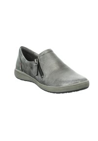 Gray metallic slip-on shoe with a smooth texture, featuring a zip accent on the side and a contrasting rubber outsole.