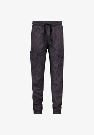 Pantaloni cargo neri con motivo, vita elastica, cordino e tasche laterali. Realizzati in tessuto resistente con finitura texture.