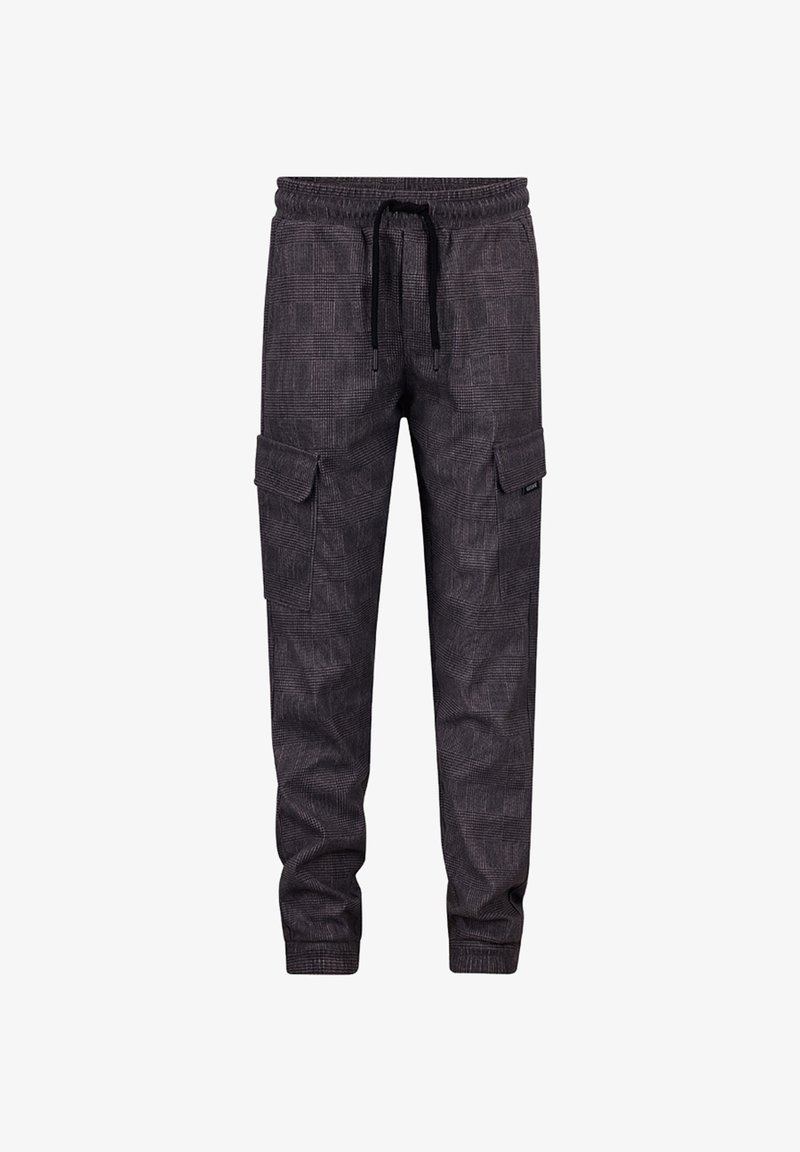 Zwarte cargobroek met patroon, elastische tailleband, koord en zijzakken. Gemaakt van duurzaam stof met een gestructureerde afwerking.