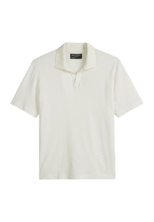 Short-sleeve polo shirt in off-white cotton. Features a classic collar with a single placket, and a soft, textured fabric.