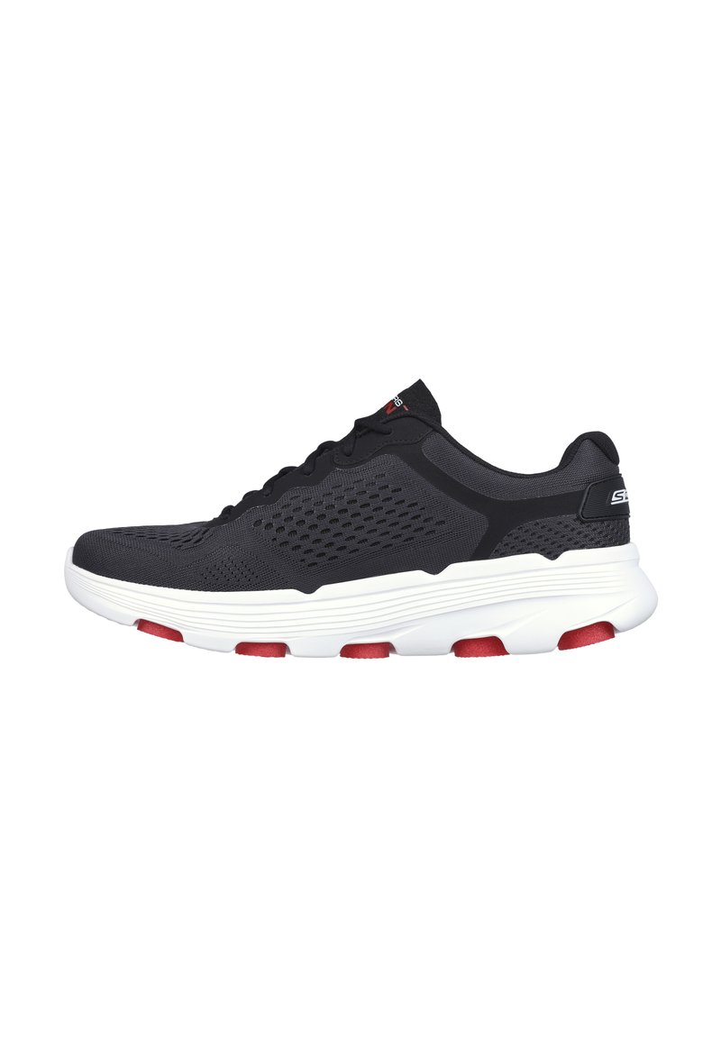 Black athletic shoe with a breathable mesh upper, white sole, and red accents. Features a rounded toe and textured detailing.