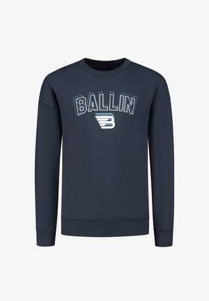 Sudadera azul marino con cuello redondo, puños y dobladillo acanalados, con texto "BALLIN" en blanco y azul claro y un logo estilizado "B" en la parte delantera.