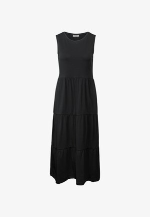 Schwarzes ärmelloses Maxikleid aus weichem Stoff, mit einem gestuften Design, das drei horizontale Nähte und einen runden Halsausschnitt aufweist.