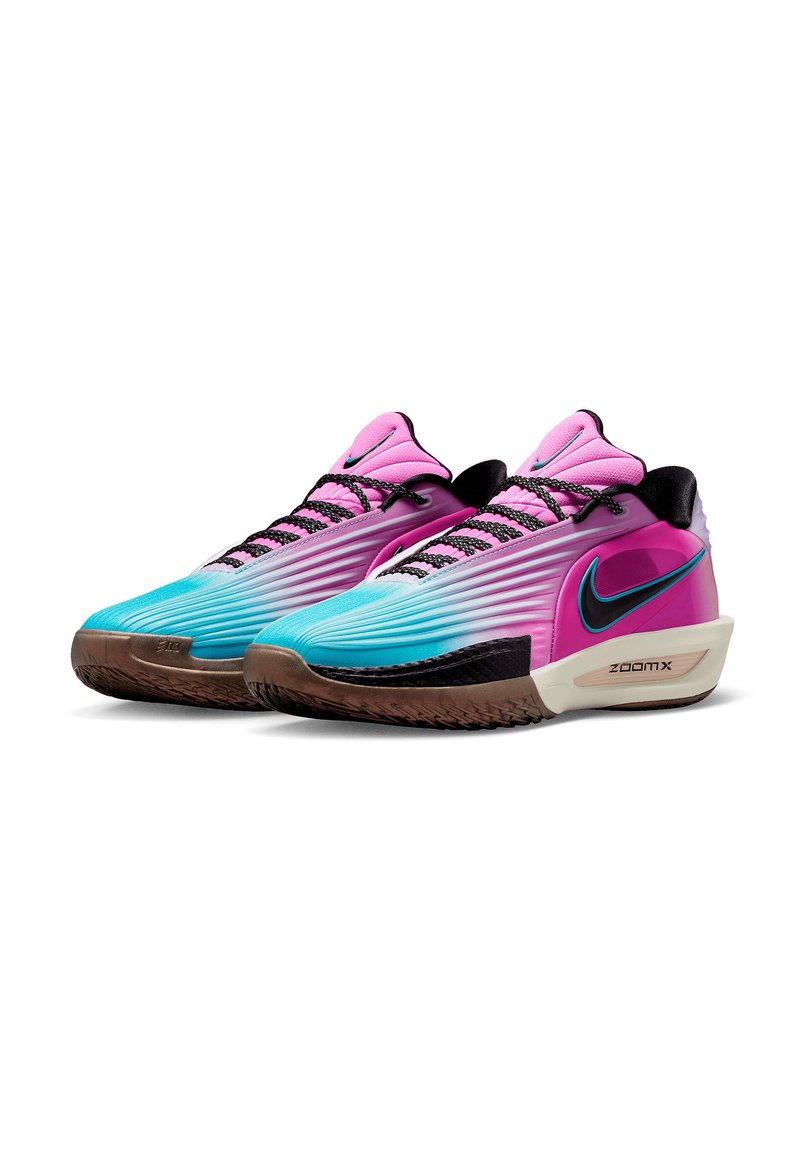 Sportschuhe mit einem Farbverlauf von Pink zu Blau, strukturierte synthetische Oberseite, schwarze Akzente und Gummisohle. "ZoomX"-Markierung sichtbar.