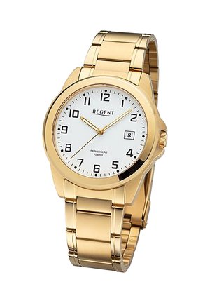 Montre-bracelet en or avec cadran blanc, chiffres noirs, affichage de la date et bracelet à maillons métalliques affichant l'heure 10:10:38.