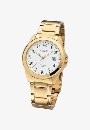 Montre-bracelet en or avec cadran blanc, chiffres noirs, affichage de la date et bracelet à maillons métalliques affichant l'heure 10:10:38.