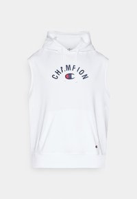 Felpa senza maniche bianca con tasca a marsupio frontale e testo e logo "CHAMPION" blu sul petto.
