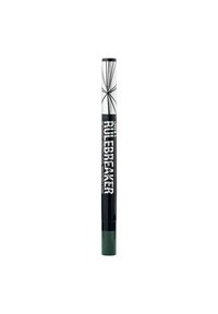 Un evidenziatore nero con punta in feltro verde, presenta un cappuccio argento lucido con un design geometrico, e un'etichetta in bold nera che lo etichetta come "Rulebreaker."
