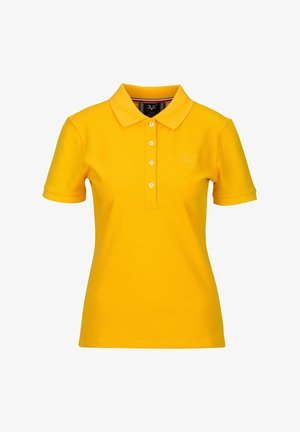 Geel polo met korte mouwen, kraag en vier knopen aan de voorkant, met een subtiel geborduurd logo op de linkerborst.