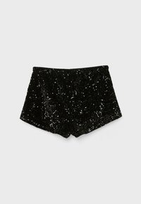 Shorts neri con paillettes, caratterizzati da una superficie testurizzata, con un design attillato e un alta vita, pensati per occasioni formali o festive.