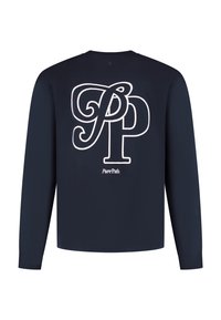 Navy lange mouwen T-shirt van katoen, met groot wit "PP" logo en "PurePath" tekst op de achterkant. Ronde hals en een relaxte pasvorm.