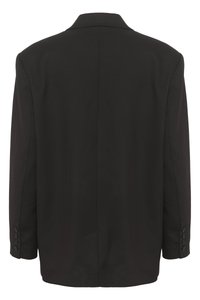 Černý blazer vyrobený z hladkého materiálu s klopou typu notch, jedním rozventilovaným zadním dílem a šesti knoflíkovými detaily na rukávech. Zobrazená zadní část.