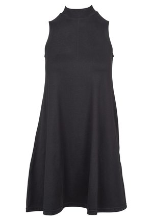 Vestido negro sin mangas con cuello alto, hecho de una tela suave y elástica. El diseño en forma de A presenta un corte holgado y una textura suave.