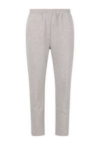 Helle graue Baumwoll-Sweatpants mit elastischem Bund, schmal zulaufendem Bein und ohne sichtbare Taschen. Weiche Textur mit glatter Oberfläche.