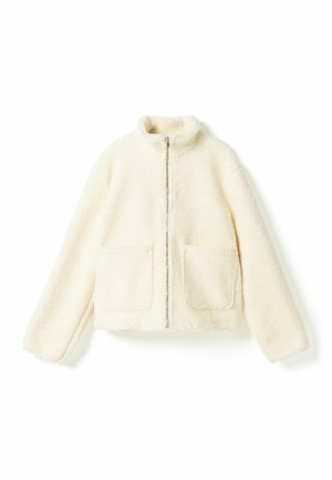 Kremfarget fleecejakke med hel glidelås foran, to frontlommer og høy krage, vist på hvit bakgrunn.