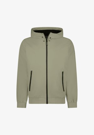 Lichtgrijze capuchonjas met een ritssluiting aan de voorkant, twee zijzakken en elastische manchetten. Heeft een zwarte voering en een subtiele matte textuur.