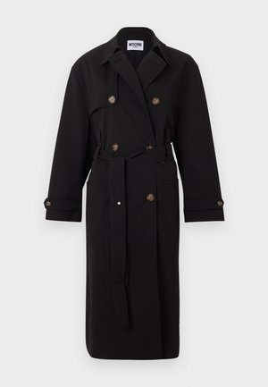 Μαύρο διπλόμπιλο παλτό βροχής με ζώνη, μεγάλο γιακά, μανσέτες με κουμπιά και μπροστινές τσέπες τύπου patch, με ετικέτα Moschino Jeans.