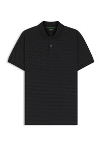 Schwarzes Polohemd mit strukturierter sechseckiger Musterung, klassischem Kragen, Dreiknopf-Leiste und dezentem Logodetail auf der Brust.