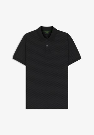 Black polo shirt featuring a textured hexagonal pattern, a classic collar, three button placket, and subtle logo detail on chest.