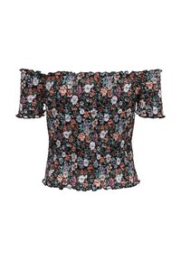 Kukkakirjailu olkaimetta oleva paita mustalla pohjalla, jossa on värikkäitä kukkia vaaleanpunaisena, valkoisena ja purppurana. Rypytetty muotoilu ja röyhelöreunat.