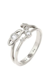 Sterein silver ring med en central rund sten, prydet med et planetdesign og mindre sten, glat overflade og poleret finish.