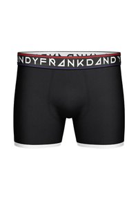 Svarta boxershorts med vit kant. Elastisk midja med "FRANKDANDY" i svart på vit bakgrund med röda och blå accenter. Slät textur.