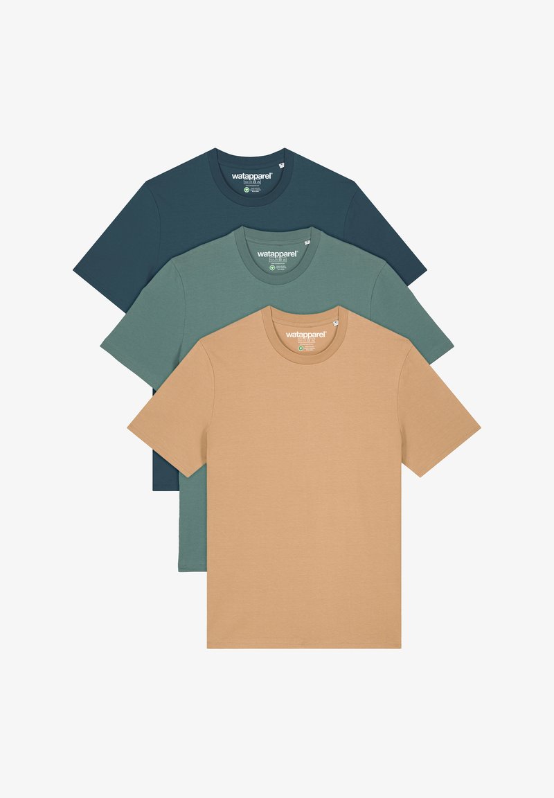 Drei kurzärmelige T-Shirts übereinander gestapelt. Farben: dunkelgrün, hellgrün und beige. Hergestellt aus weichem Stoff mit Rundhalsausschnitten.