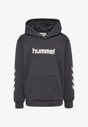 Dunkelgrauer Hoodie mit einer Fronttasche, ausgestattet mit dem weißen "hummel" Logo und diagonalen weißen Streifen an den Ärmeln; aus weichem, strukturiertem Stoff gefertigt.