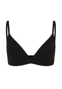 Bralette a triangolo nero con spalline sottili e regolabili, realizzato in tessuto morbido, caratterizzato da un design senza cuciture e da un sotto seno con banda per supporto.