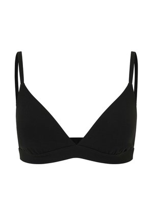 Black triangle bralette with thin adjustable straps, made of smooth fabric, featuring a seamless design and a banded underbust for support.
