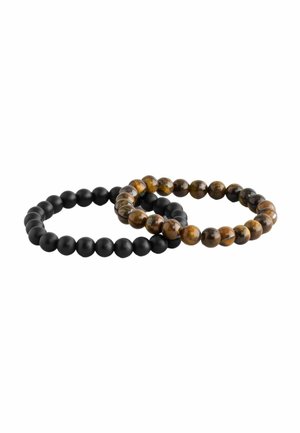 Two stretch bracelets: one with matte black beads, the other with shiny patterned brown and gold tiger's eye beads.