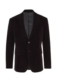 Melna samta žakete ar izgriezto apkakli, ar vienu pogu, diviem priekšējiem kabatām un svītrainu oderi. Gluda tekstūra un pielāgota piegriezuma.