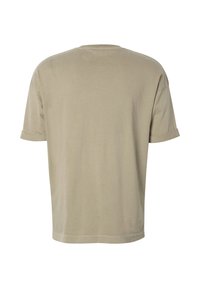 T-shirt beige à manches courtes vu de dos avec un col rond et des revers de manches roulés.