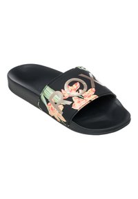 Svarte slidesandaler med en blomsterdekorert stropp som har rosa blomster og grønne blader, med en blank finish og et bredt åpent tær-design.