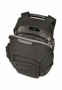 Sac à dos en design Porsche noir avec plusieurs compartiments zippés et poignée rembourrée, présenté ouvert pour révéler un revêtement intérieur hexagonal gris.